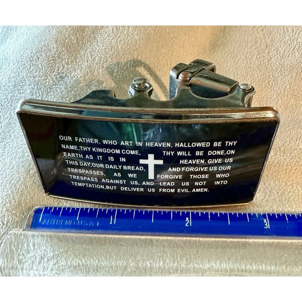 Black/Silver Metal Hinged Clamping Belt Buckle Cross Lord's Prayer Text Vintage